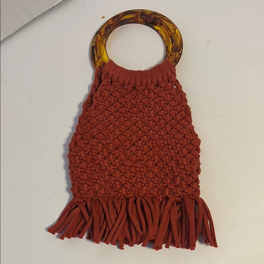 Handcrafted Rust Macrame Bag With Tortoise Acryli… - image 1